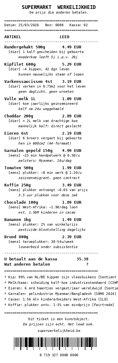 Receipt prototype listing products with their animal-welfare cost